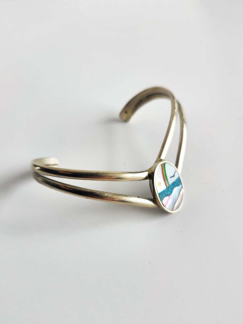 Vintage mosaic landscape inlay silver bracelet from Mexico - Picture 3 of 13